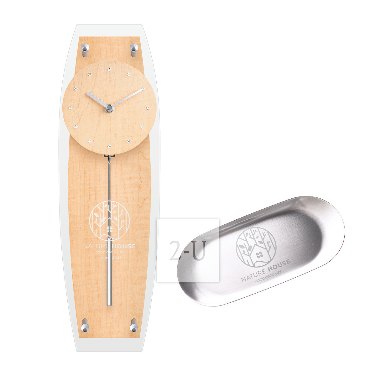 刻 Logo 的不銹鋼託碟收銀槃＆原木色擺鐘套裝