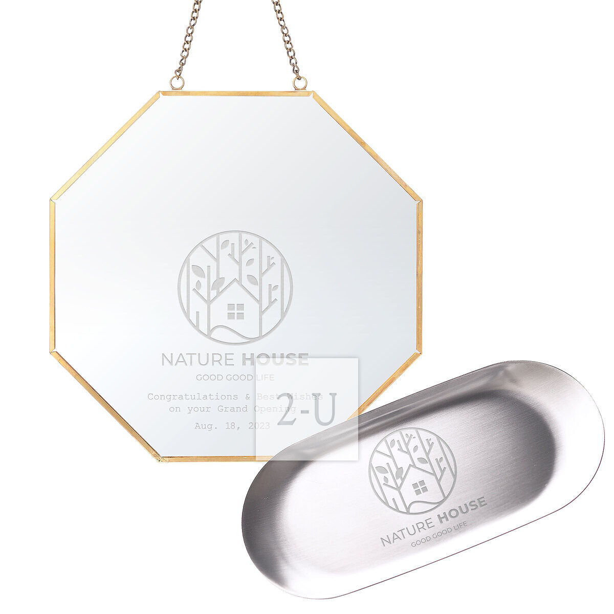 刻 Logo 的不銹鋼託碟收銀槃 ＆ 八角鏡套裝