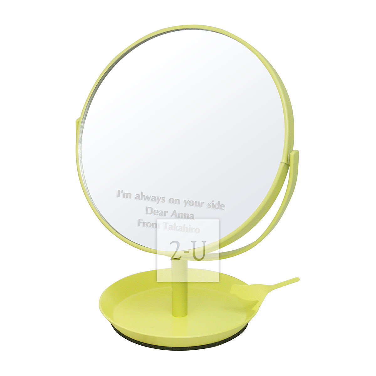 日本製圓形鏡子化妝鏡 帶小鳥首飾槃和放大鏡功能 黃綠色