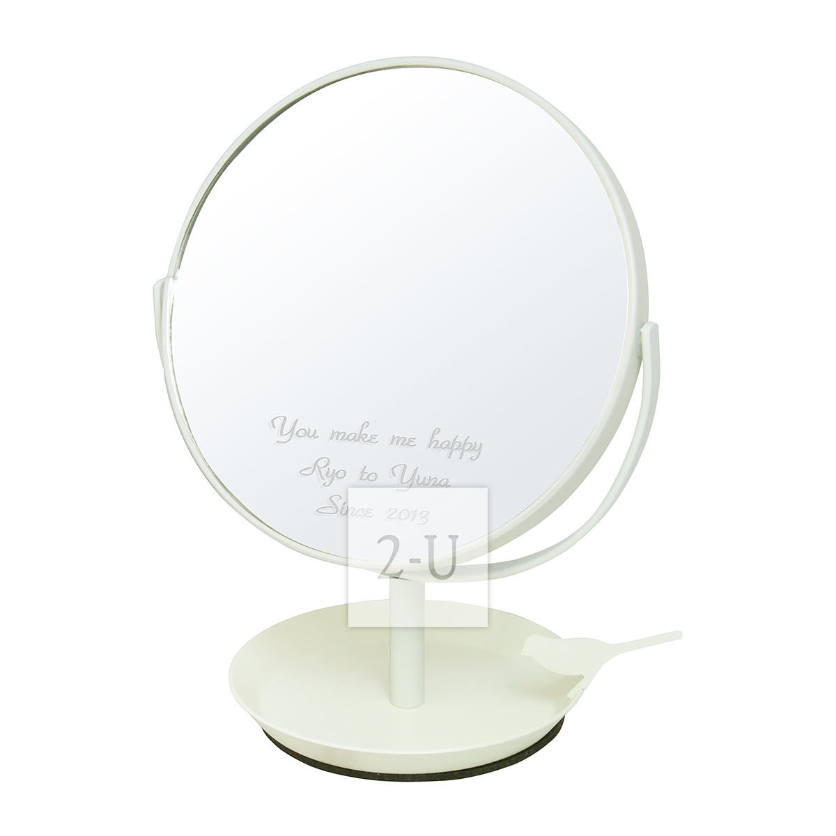 日本製圓形鏡子化妝鏡 帶小鳥首飾槃和放大鏡功能 白色