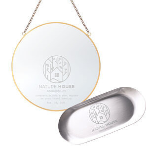 刻 Logo 的不銹鋼託碟收銀槃 &圓形黃銅壁掛鏡子套裝