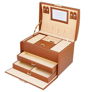 多層皮革首飾盒收納盒 L 棕色