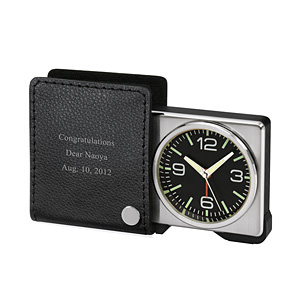真皮套便攜旅行齣差小鬧鐘 黑色