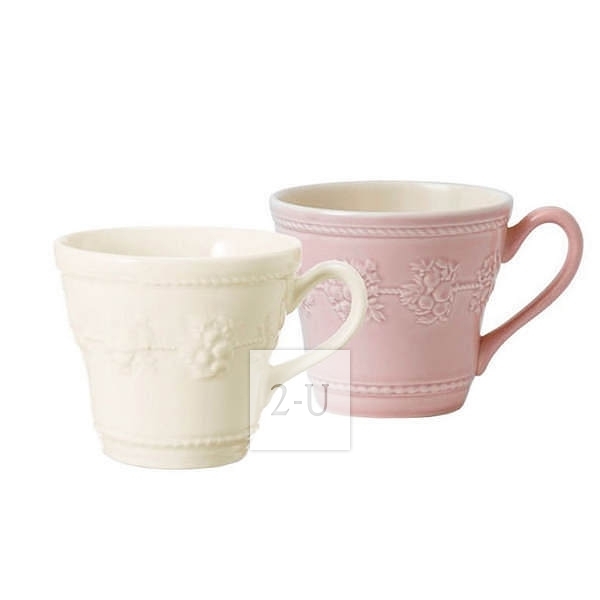 韋奇伍德 Queen's Ware Collection Festivity 馬剋杯對杯 乳白淡粉