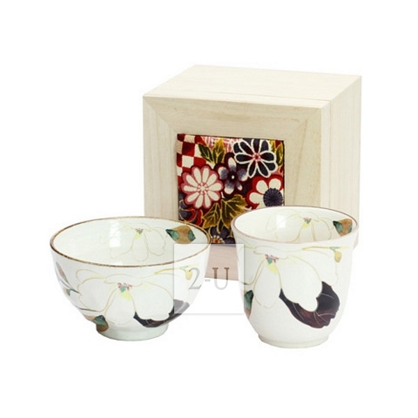 花迴廊 和藍 飯碗杯子 木蓮 (付木錦盒)