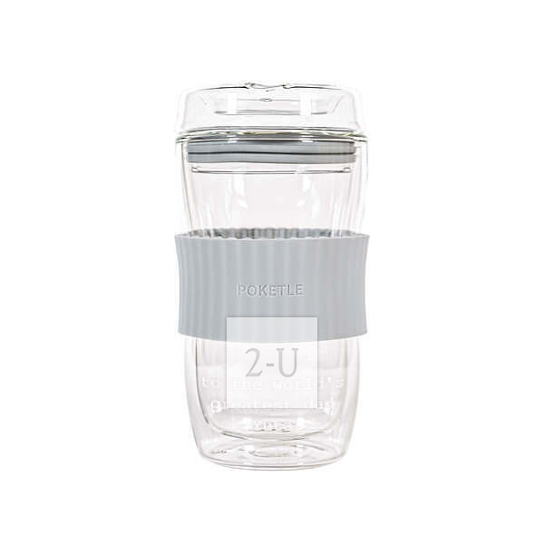 帶蓋玻璃雙層隔熱隨行杯 藍灰色