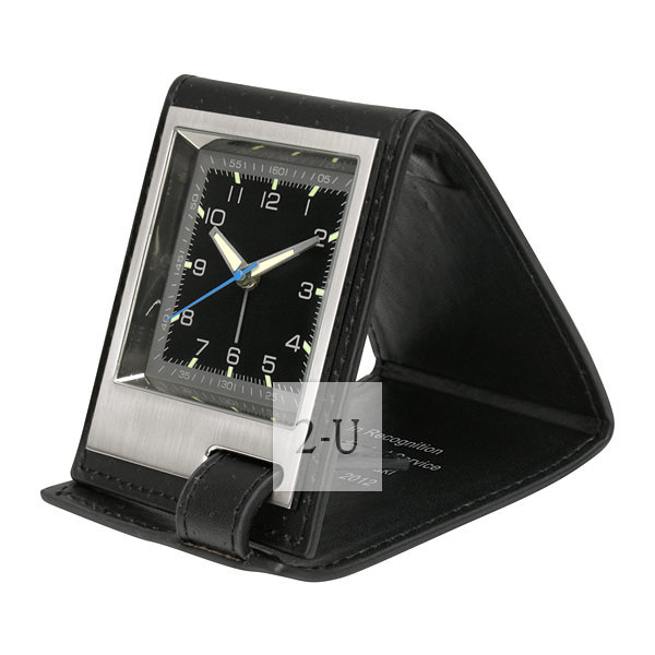 真皮套摺疊式便攜薄款小鬧鐘 黑色